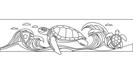 Black and white line art illustration of sea turtles swimming in ocean waves. © Lucas Bennett