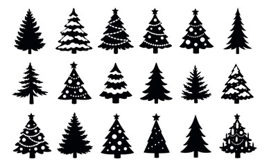 Obraz premium Silhouette Christmas tree set featuring various decorated and undecorated fir trees for winter holiday designs