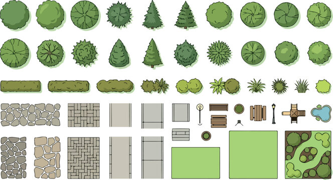 Landscape design elements in top view, architectural garden plan symbols with trees and shrubs, outdoor site map vector set for park planning