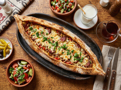 Traditional turkish pide flatbread with meat cheese and salad on wooden table