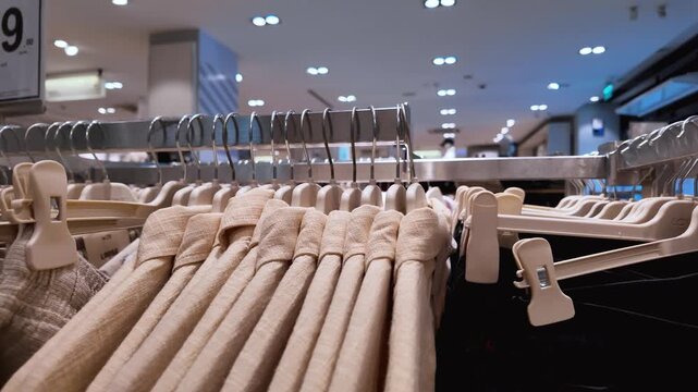 Beige trousers and skirts hanging in a row on a metal rack inside a modern clothing store, highlighting the latest fashion collection available for sale in a bright retail environment