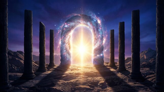 Pearly gates opening with brilliant light concept. A mystical portal illuminated by cosmic light and ancient stones.