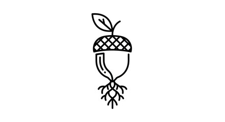 Minimalist acorn logo with roots and leaf, simple outline drawing © Muta