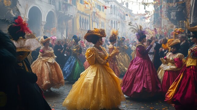women in colorful dresses walking on cobblestone street