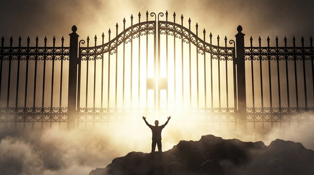 Pearly gates opening with brilliant light concept. A person standing before an impressive gate, embracing possibility.
