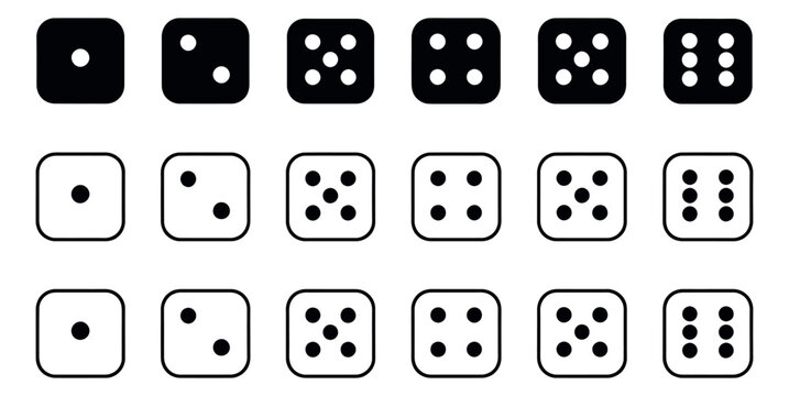 Minimalist solid and outline dice icon set featuring faces one to six for gaming and UI design
