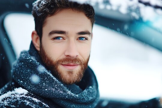 Man in winter scarf looking confidently through car rearview mirror in cold weather