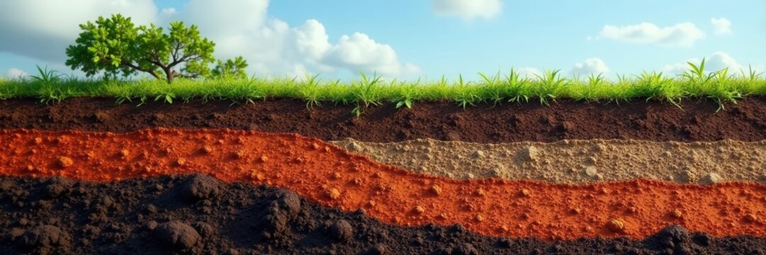 Cross-section of earth's soil layers, showing various textures and colors ,  land,  concept art,  infographic