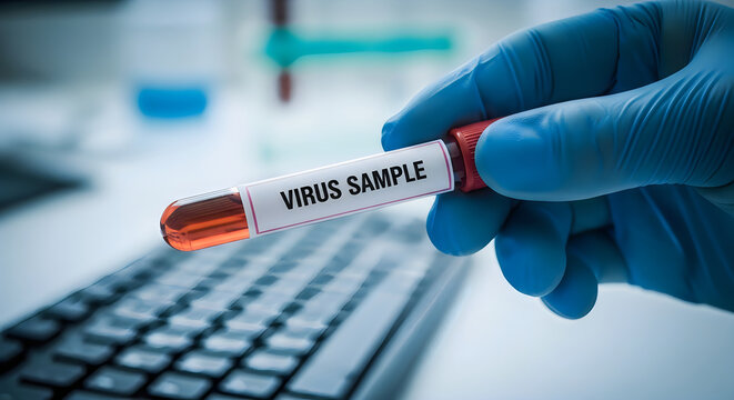Scientist in blue gloves holding a glass test tube with a red virus sample above a computer keyboard in a laboratory