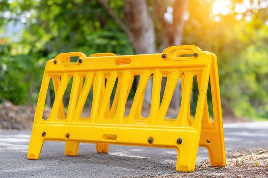 Yellow plastic safety barrier blocking empty urban road in bright daylight