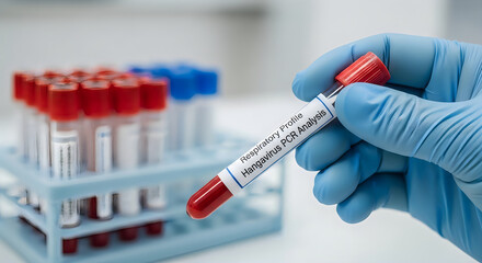 Naklejka premium Scientist holding a blood sample test tube for a respiratory virus pcr analysis in a medical laboratory setting