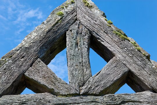 Carved wooden beams intersect at top of traditional structure