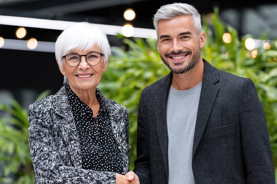 Two diverse business partners shaking hands outdoors