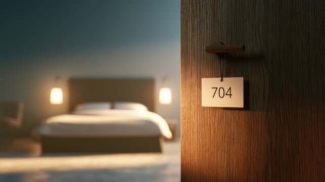 Dimly lit hotel room entrance with numbered door tag, soft lighting