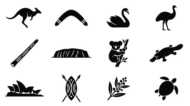 Australian cultural symbols and icons in black silhouettes on white background