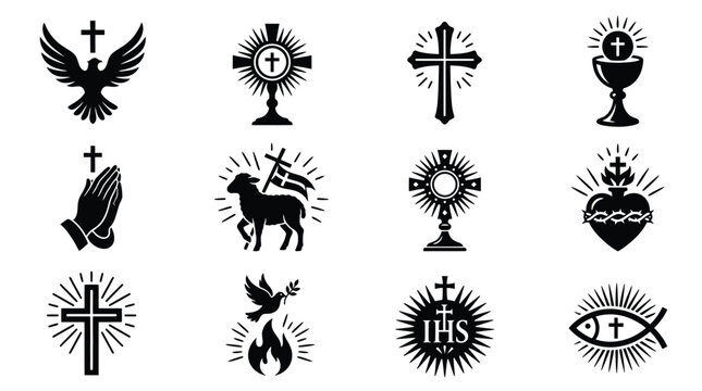 Black and white religious symbols in a grid featuring crosses praying hands doves sacred heart and ihs monogram