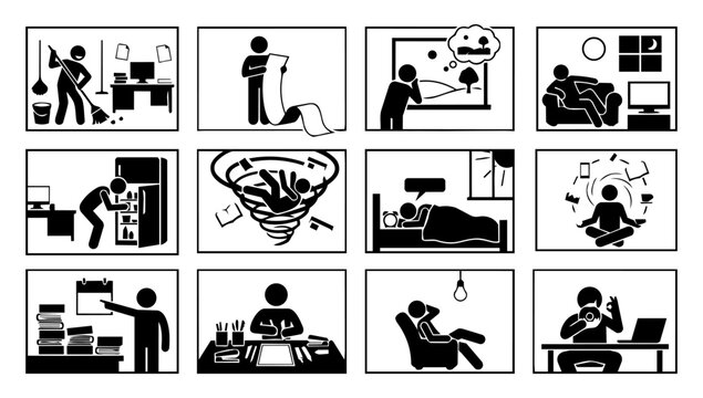 Procrastination Metaphor and Productivity Humor Silhouette Icons Set