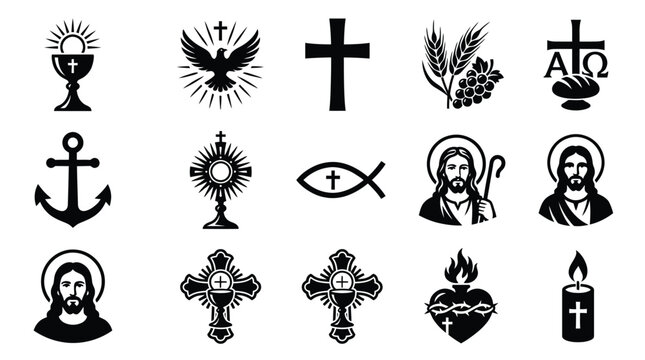 Faith symbols bundle including crosses jesus christ chalices and sacred hearts in silhouette