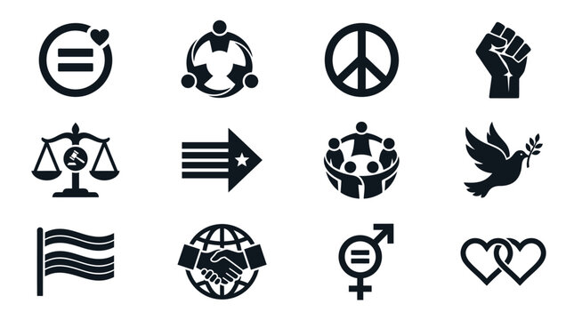 Social justice icons depicting equality peace and activism including hands shaking peace signs and hearts symbolizing unity and human rights on a white background