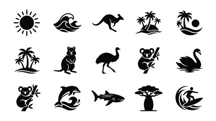 Collection of iconic black silhouette symbols representing australian nature and wildlife including a sun ocean waves kangaroo palm trees on islands quokka emu koala swan dolphin