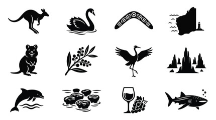 Black and white icons of australian symbols kangaroo swan boomerang map lighthouse quokka flora crane rock formations dolphin sushi wine shark minimalist style © Shovon