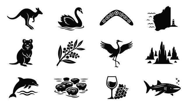 Black and white icons of australian symbols kangaroo swan boomerang map lighthouse quokka flora crane rock formations dolphin sushi wine shark minimalist style