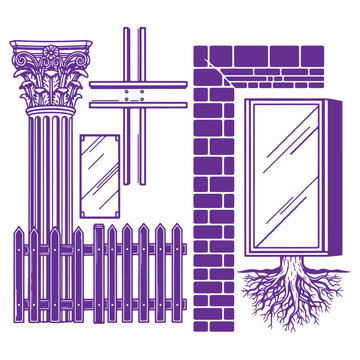 Illustrated architectural elements including columns brick walls and wooden fences isolated on a white background