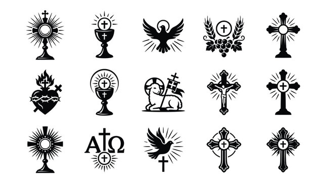 Collection of black and white religious symbols including crosses doves lamb chalice and sacred heart arranged in grid layout