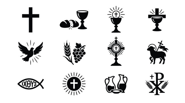 Collection of christian religious symbols and icons in black silhouette including cross dove chalice bread grapes wheat fish lamb and chi rho representing faith and spirituality