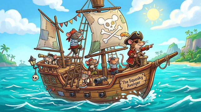 Cute cartoon mice pirates sailing on a wooden ship with pirate flags and tropical scenery