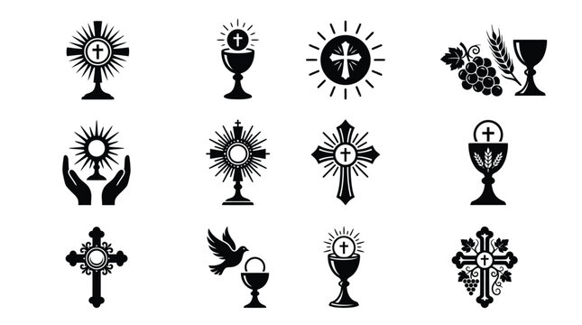 Black and white religious symbols including crosses chalices and grapes for corpus christi celebration icons