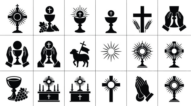 Set of religious icons for corpus christi celebration featuring crosses chalices and symbolic elements in minimalist black design