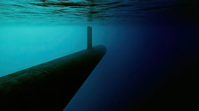 Submerged vessel, its conning tower just visible above the deep blue sea