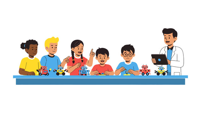 Robotics Class Fun: A teacher guides a diverse group of elementary school children in a hands-on robotics class, building and learning about technology.