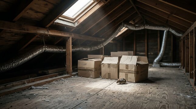 Dark unfinished wooden attic with cardboard boxes and ventilation ducts under a skylight window