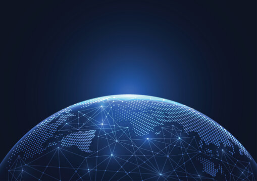 Global network connection abstract technology background with world map dot planet earth. Digital data communication and futuristic internet concept