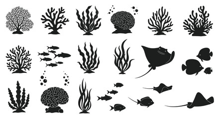 Underwater Coral Reef Silhouettes: Fish, Rays, and Seaweed Collection © noval