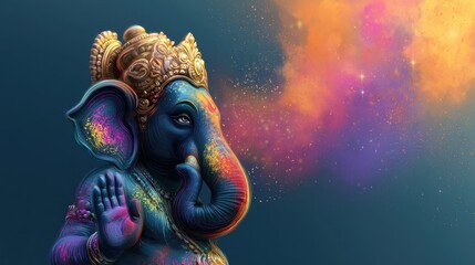 Fototapeta premium Detailed artistic representation of an elephant-headed deity with vibrant colorful powder clouds in the background, showcasing traditional intricate golden headgear and symbolic hand gesture