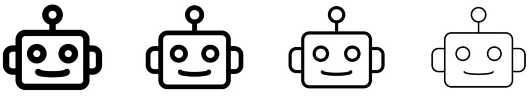 Set of cute robot head icons with antenna and different line weights. Line art concept of artificial intelligence, automation, chatbots, and robotics.