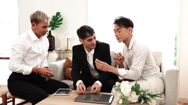 Pride and LGBTQ concept. A gay couple gets married and registers their marriage legally, with a registrar processing the documents and signing the marriage certificate in a country that recognizes equ