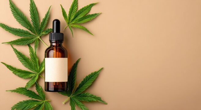 Amber glass dropper bottle with blank label surrounded by cannabis leaves on a beige background