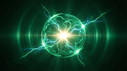 Obraz premium Light and sound energize scenes with lightning strikes concept. A stunning green energy sphere emitting electric arcs.