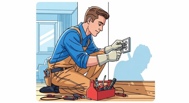 Man installing electrical outlet in living room