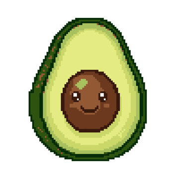 A smiling pixelated avocado cut in half showing its pit from a front view