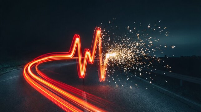 Electrocardiogram shows broken heartbeat in blue light concept. Abstract light trails creating a heartbeat pattern at night.