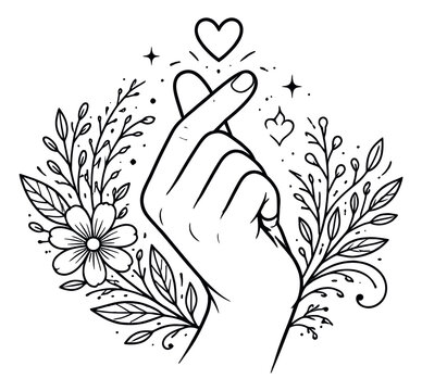Hand drawn line art illustration of a finger heart gesture depicting affection surrounded by decorative floral elements for romance and celebration