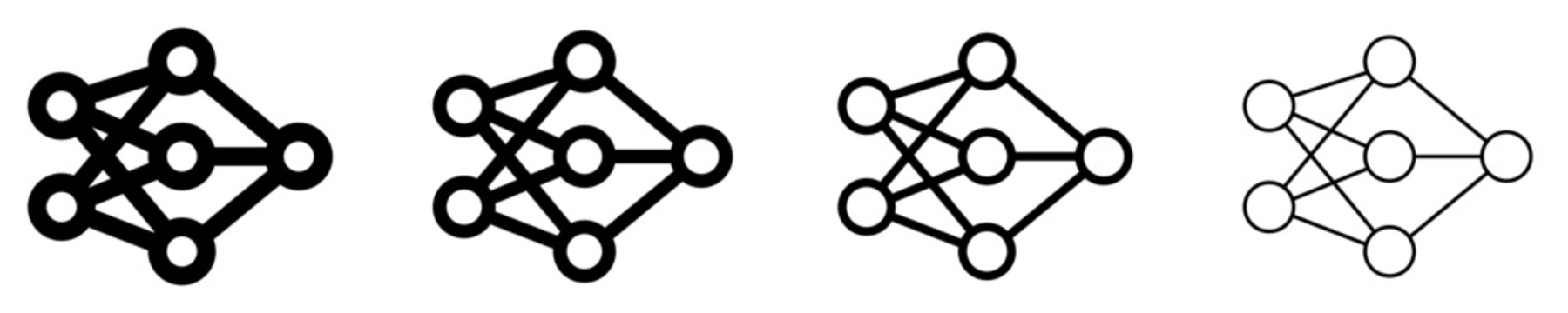 Set of neural network icons with different line weights. Artificial intelligence, connected nodes, and deep learning algorithm line art. Vector.