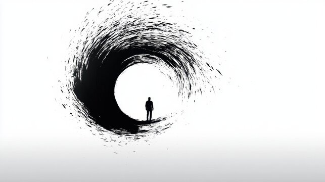 silhouette of a person standing inside a large circular dark vortex or tunnel on a white background symbolizing mystery isolation and introspection concept