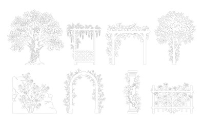 CAD line art flowering tree garden arch and climbing plant trellis side view elevation set, outline decorative garden structure symbols for landscape design plans. Editable stroke, white fill vector. © Muhammad