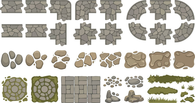 Stone path vector set, medieval cobblestone pavement elements, grey rock walkway tiles for game design, garden landscaping paving stones